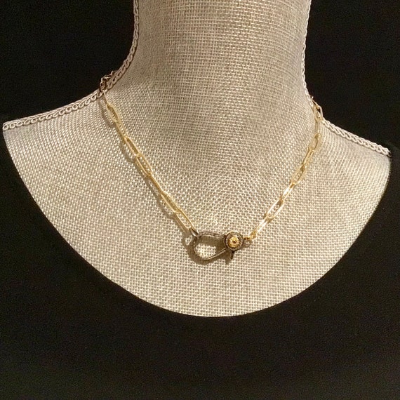 Diamond Clasp Paperclip Chain Choker: Two-Tone Gold Filled Necklace