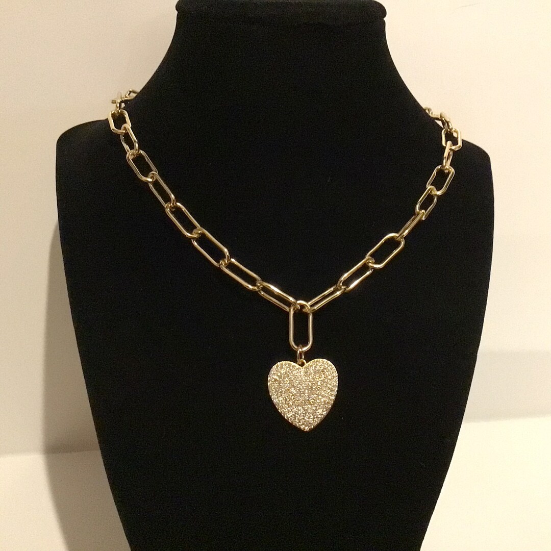 Gold Paperclip Chain Choker With Heart, Pave Heart Pendant