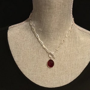 Sterling Silver Paperclip Chain Choker: Gemstone Toggle Pendant