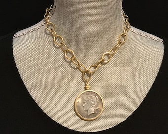 Lady Liberty Coin Necklace, matte antique gold or silver chunky chain necklace, two tone coin necklace choker, coin medallion silver gold