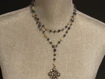 Bead and Crystal Rosary Chain Lariat, hammered heart cross pendant, boho antique gold cross necklace, Gothic medieval renaissance