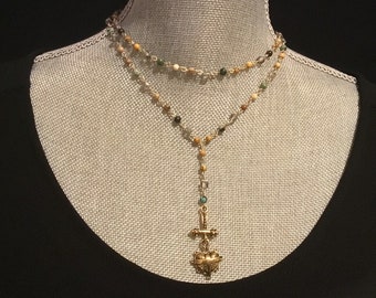 Bead and Crystal Rosary Chain Lariat, hammered heart cross pendant, boho antique gold cross necklace, Gothic medieval renaissance