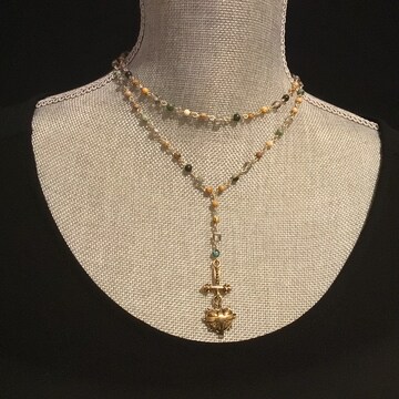 Bead and Crystal Rosary Chain Lariat, hammered heart cross pendant, boho antique gold cross necklace, Gothic medieval renaissance