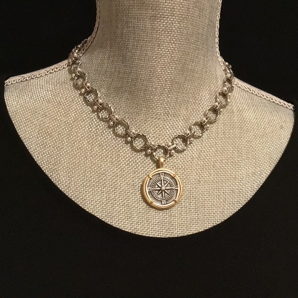 Ancient Greek Compass Coin Necklace, two tone gunmetal silver chunky chain, compass coin medallion gunmetal silver gold