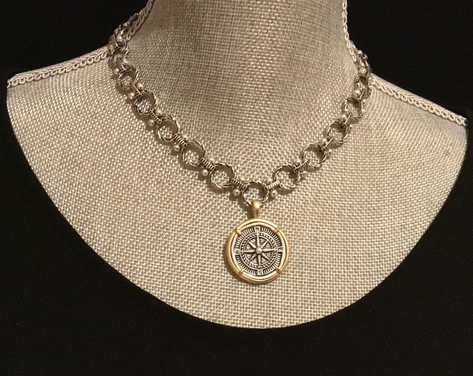 Ancient Greek Compass Coin Necklace, Two Tone Gunmetal Silver Chunky