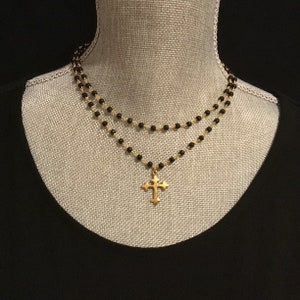 Dainty Gold Cross Necklace: Black Onyx Rosary Chain