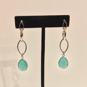 Aqua Chalcedony Dangle Earrings: Silver Geometric Hoops