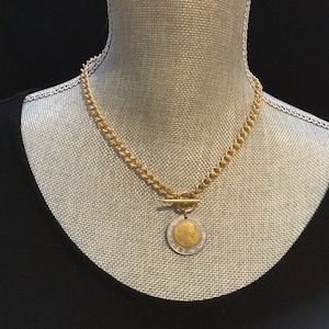 Italian Lira Coin Necklace: Gold Curb Chain Toggle Choker