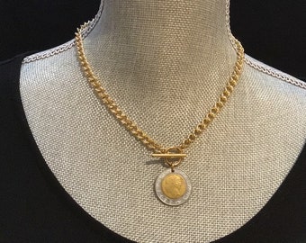 Italian Coin Necklace with Gold Curb Chain, gold chunky layering chain, two tone Italian lira coin necklace, front toggle choker