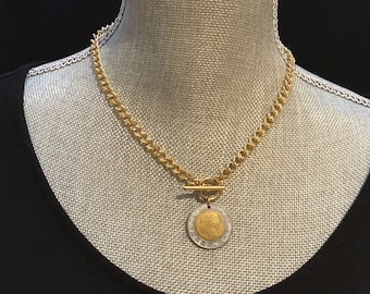 Italian Lira Coin Necklace: Gold Curb Chain Toggle Choker