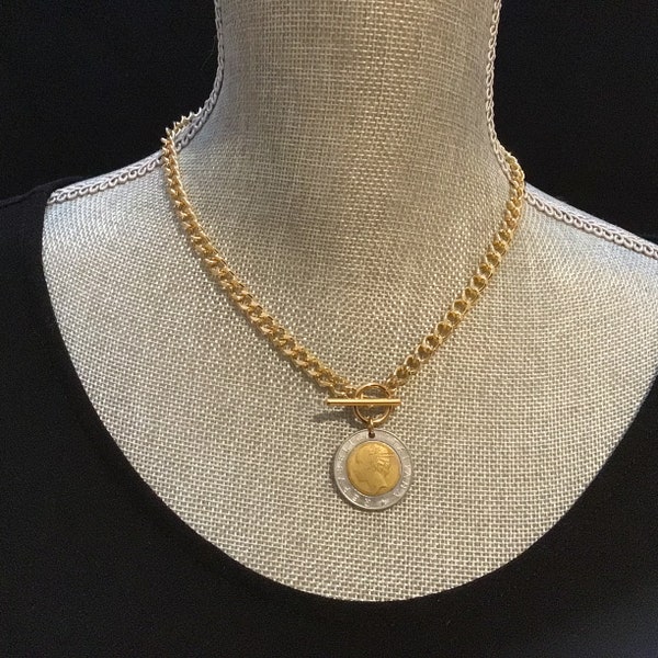 Italian Coin Necklace with Gold Curb Chain, gold chunky layering chain, two tone Italian lira coin necklace, front toggle choker