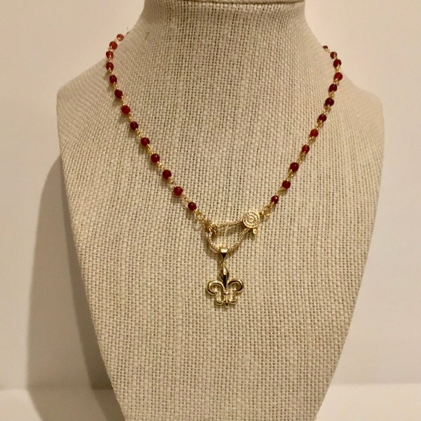 Red Ruby Jade Rosary Chain necklace, pave lobster claw choker, Fleur de lis pendant necklace, Mardi Gras Art Deco downton abbey Great Gatsby