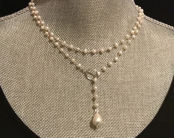 Dainty Pearl Rosary Chain Lariat: Sterling Silver Natural Pearl Layered Necklace