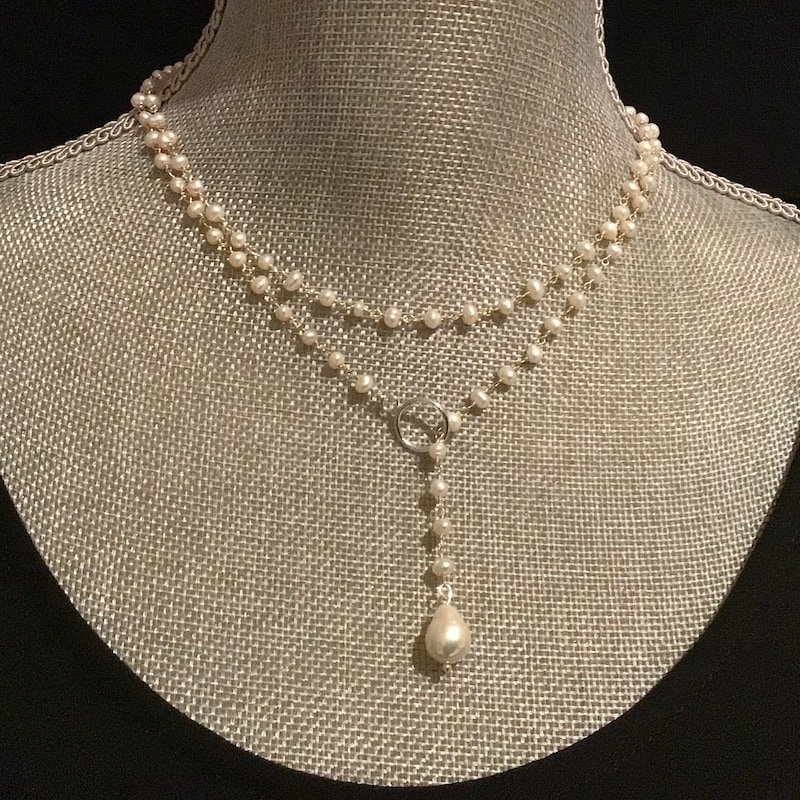 Boho Pearl Necklace Gray Copper Overgild With Gypsophile Graduated Beads 18 Inches