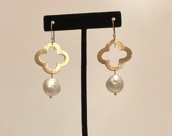 Open Clover Quatrefoil Pearl Dangle Earrings, Baroque Coin Pearl earrings, Gold or Silver clover earrings