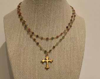 Dainty gold cross rosary necklace, mixed gemstone tourmaline Rosary Chain, renaissance gothic rustic boho beads, religious spiritual