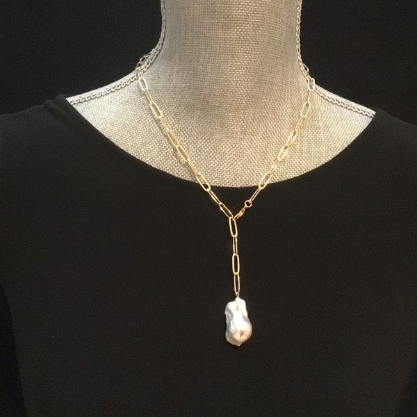 14k Gold Filled Paperclip Chain and Baroque Pearl Lariat with adjustable clasp, large Baroque pearl, Y shaped necklace, boho chic Pearlcore