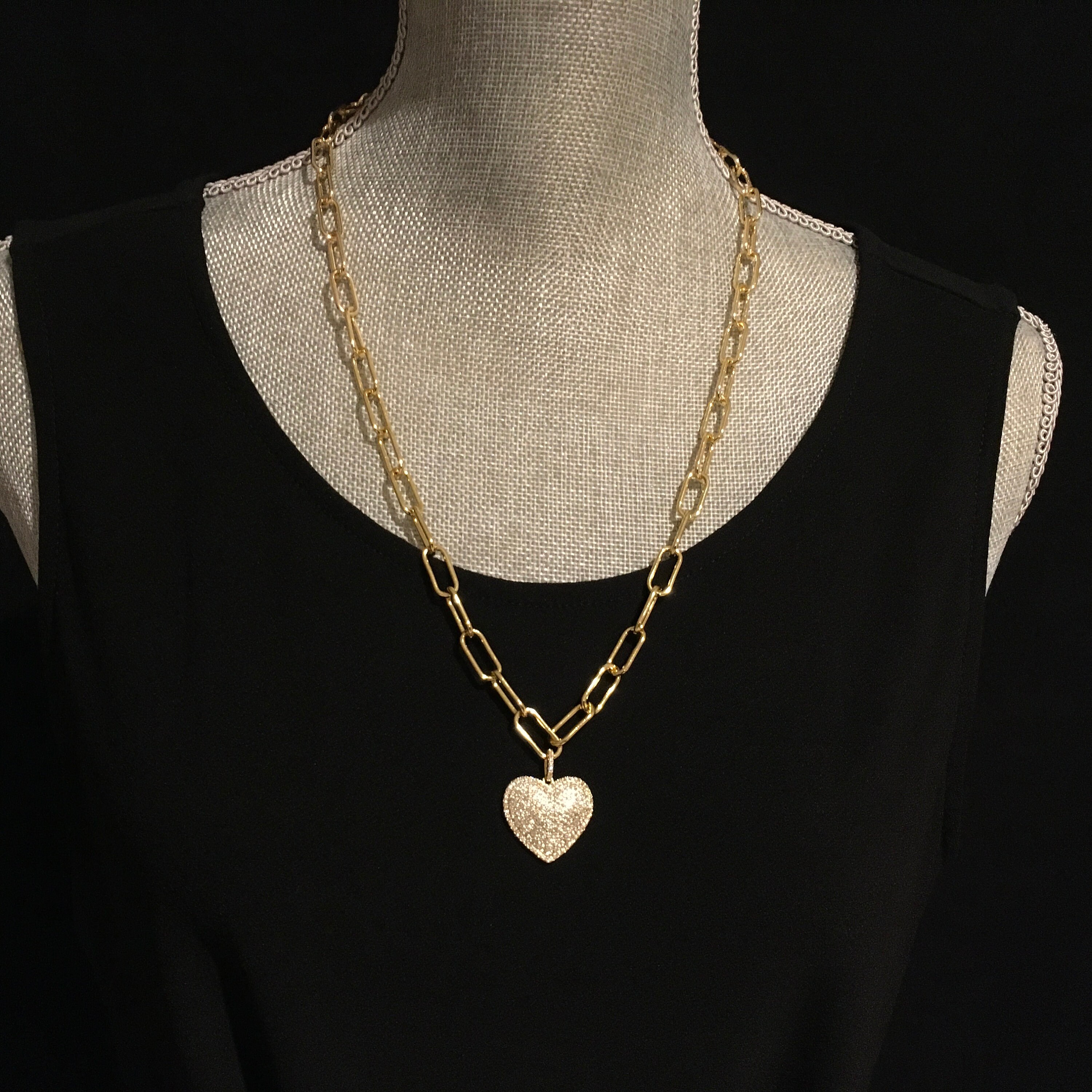 Gold Paperclip Chain Choker with Heart Pave Heart Pendant Etsy