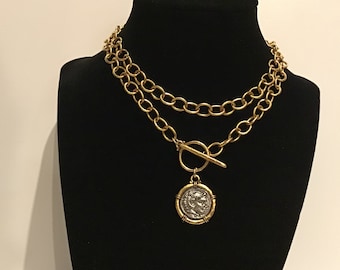 Antique Gold Chain with Greek Coin, chunky gold layering chain necklace, two toned Greek coin pendant, Alexander the Great coin