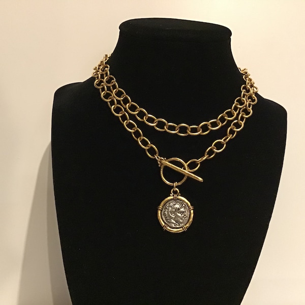 Antique Gold Chain with Greek Coin, chunky gold layering chain necklace, two toned Greek coin pendant, Alexander the Great coin