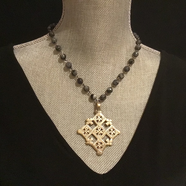 Large Gold Coptic Cross Necklace, black bead rosary, Christian Religious Spiritual, gold ethiopian rustic gothic coptic medieval cross