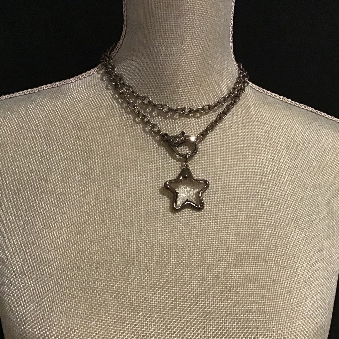 Gunmetal Star and Chain Necklace, Large Pave Lobster Claw Clasp Choker ...