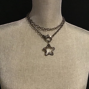 Gunmetal Star and Chain Necklace, Large pave lobster claw clasp choker, front clasp necklace, layered necklace set, crystal star pendant