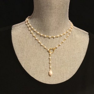 Dainty Pearl Lariat Necklace: Silver Gold Rosary Chain, Bridal Boho