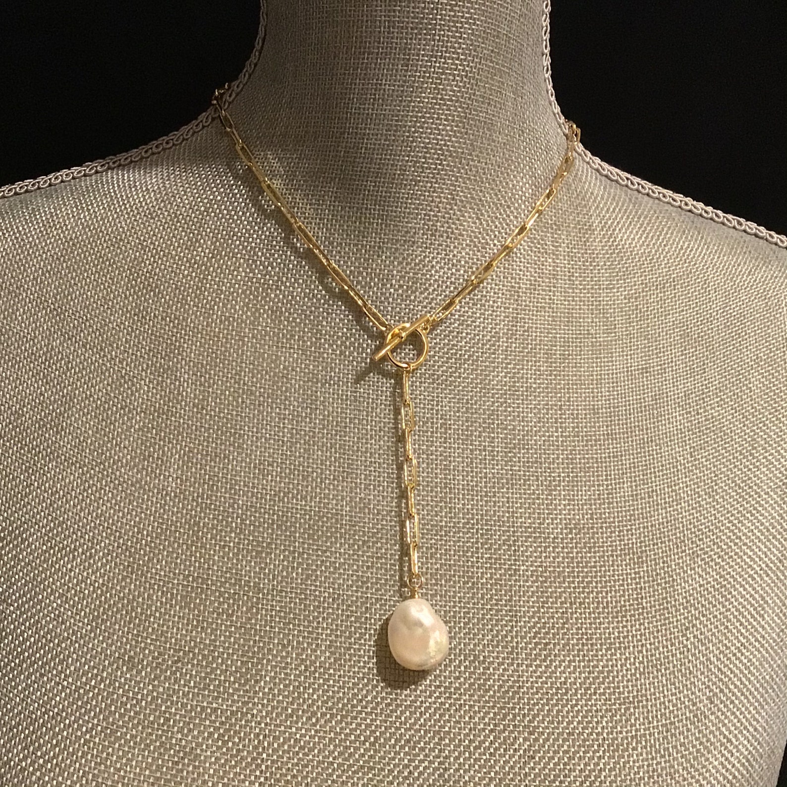 14k Gold Filled Paperclip Chain and Baroque Pearl Lariat Etsy