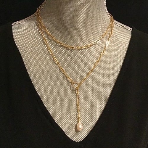 Dainty Pearl Lariat Gold Paperclip Chain Lariat 14k Gold Etsy