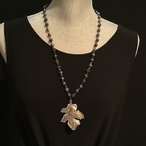Boho Long Necklace: Silver Leaf Pendant, Labradorite Rosary Beads