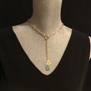 14k Gold Filled Paperclip Chain and Gemstone Lariat, Aqua Quartz charm, Y shaped necklace, Blue chalcedony pendant, front toggle choker