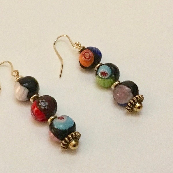 Genuine cloisonné earrings, vintage cloisonne beads, delicate three stone earrings, dainty and minimalist, gift for wife girlfriend mom