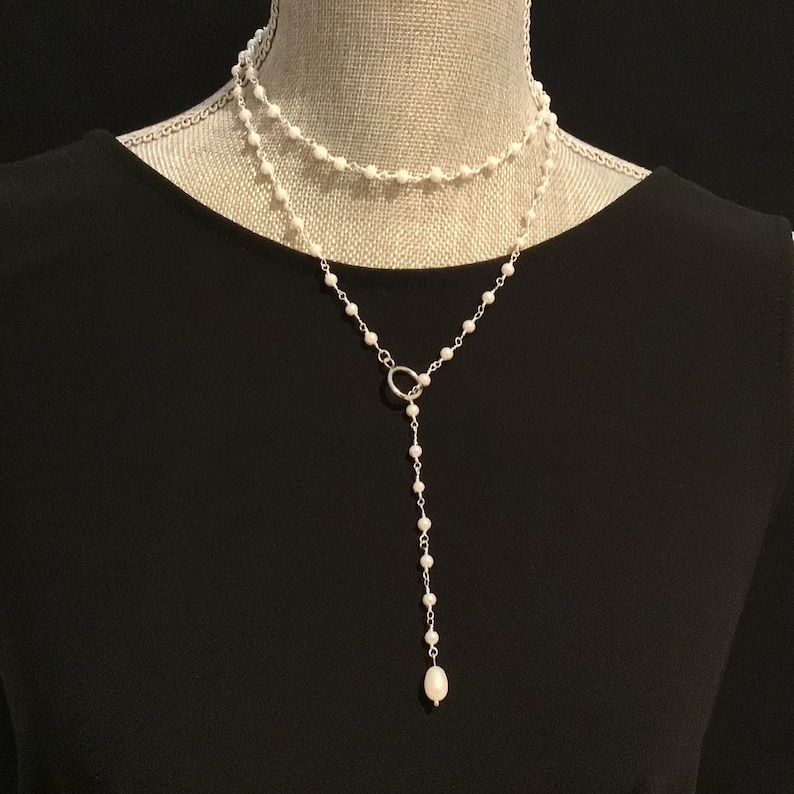 DAINTY Pearl Lariat-please pay attention to dainty, silver gold pearl rosary chain lariat, Bridesmaid Bridal wedding, boho bead lariat image 6