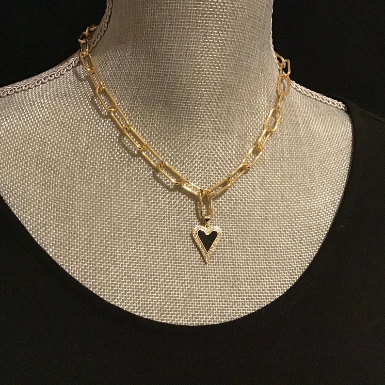Gold Paperclip Chain With Enamel Charm Enamel Heart Pendant Etsy