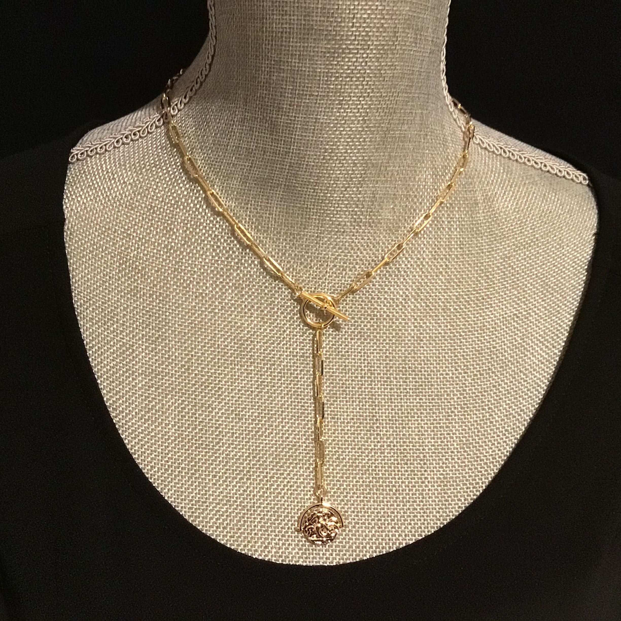 Gold Coin Lariat Necklace 14k gold filled Paperclip chain Y Etsy