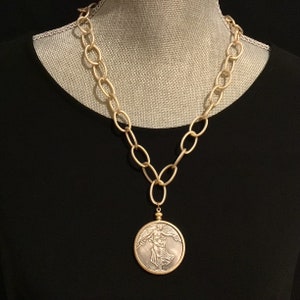 Chunky Matte Gold Chain Necklace: French Liberty Coin Medallion