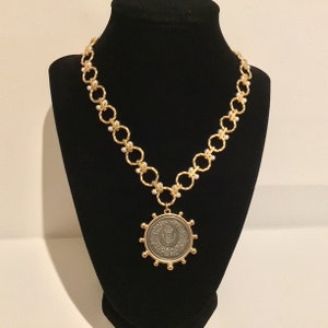 French Coin Necklace, two tone gold silver chunky chain, lady Liberty coin choker, coin medallion silver gold,