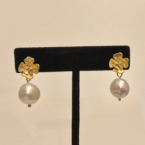 Dainty Pearl Dangle Earrings: Gold Flower Blossom Studs