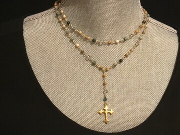 Bead and Crystal Rosary Chain Lariat, hammered heart cross pendant, boho antique gold cross necklace, Gothic medieval renaissance