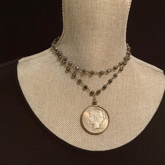 Lady Liberty Coin Necklace With Black Hematite Rosary Chain
