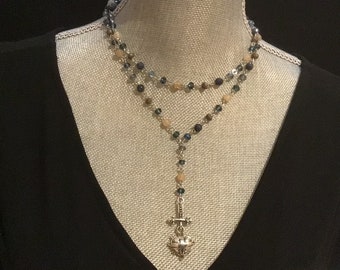 Bead and Crystal Rosary Chain Lariat, hammered heart cross pendant, boho antique silver cross necklace, Gothic medieval renaissance