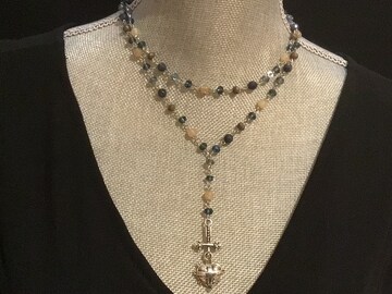 Bead and Crystal Rosary Chain Lariat, hammered heart cross pendant, boho antique gold cross necklace, Gothic medieval renaissance