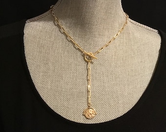 Gold Coin Lariat Necklace: 14k Gold Filled Paperclip Chain