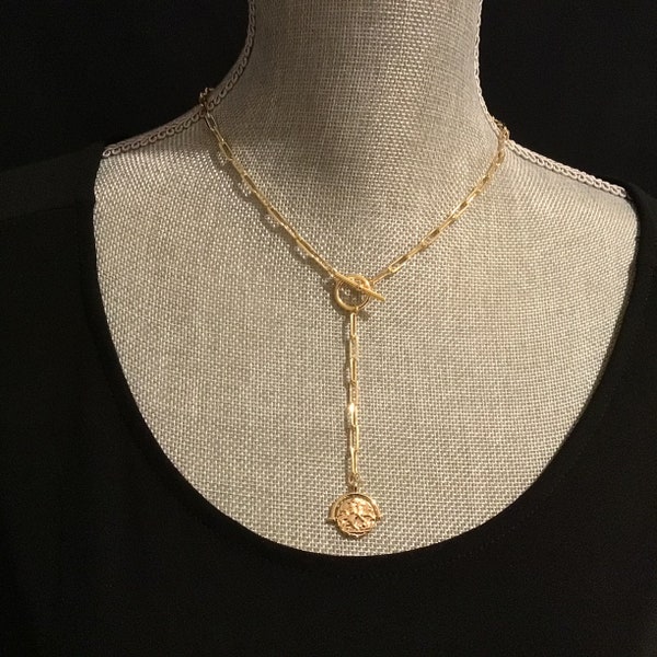 Gold Coin Lariat Necklace, 14k gold filled Paperclip chain, Y shaped gold layering necklace, Greek Roman medallion necklace, front toggle