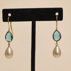 Blue Topaz and Pearl Earrings, gemstone pearl dangle earrings, natural genuine pearl, gold filled earring hook, dressy dangle earrings