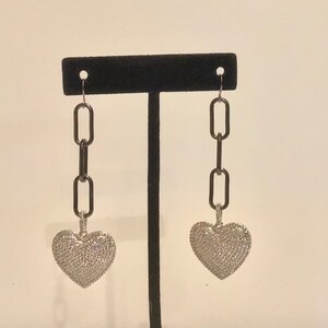 Silver Pave Heart Dangle Earrings: Gunmetal Chain, CZ Heart