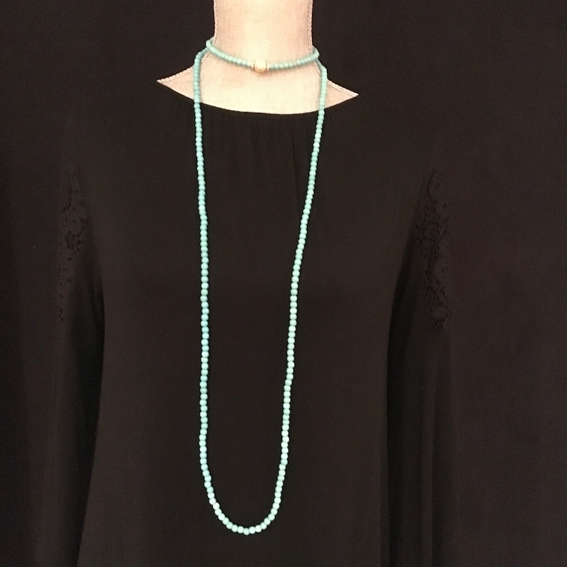 good omens karma 1920s flapper style Art Deco designer inspired Long beaded Turquoise necklace Downton Abbey Great Gatsby boho bijoux