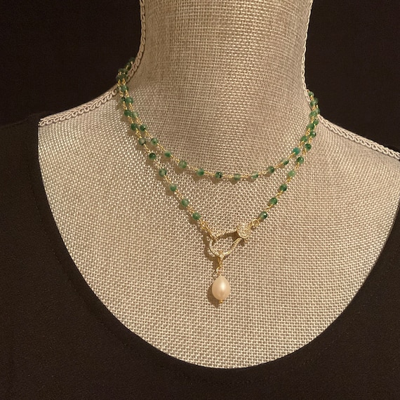Emerald Jade Rosary Chain Necklace with Pearl Pendant, Gold Pave Lobster Clasp necklace, front clasp necklace
