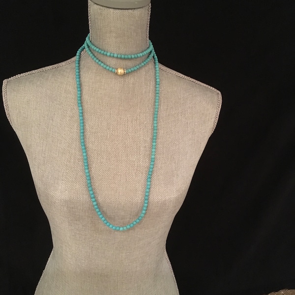 Long Turquoise Beaded Wrap Necklace, long boho bead necklace, flapper style wrap beads, downton abbey, gilded age